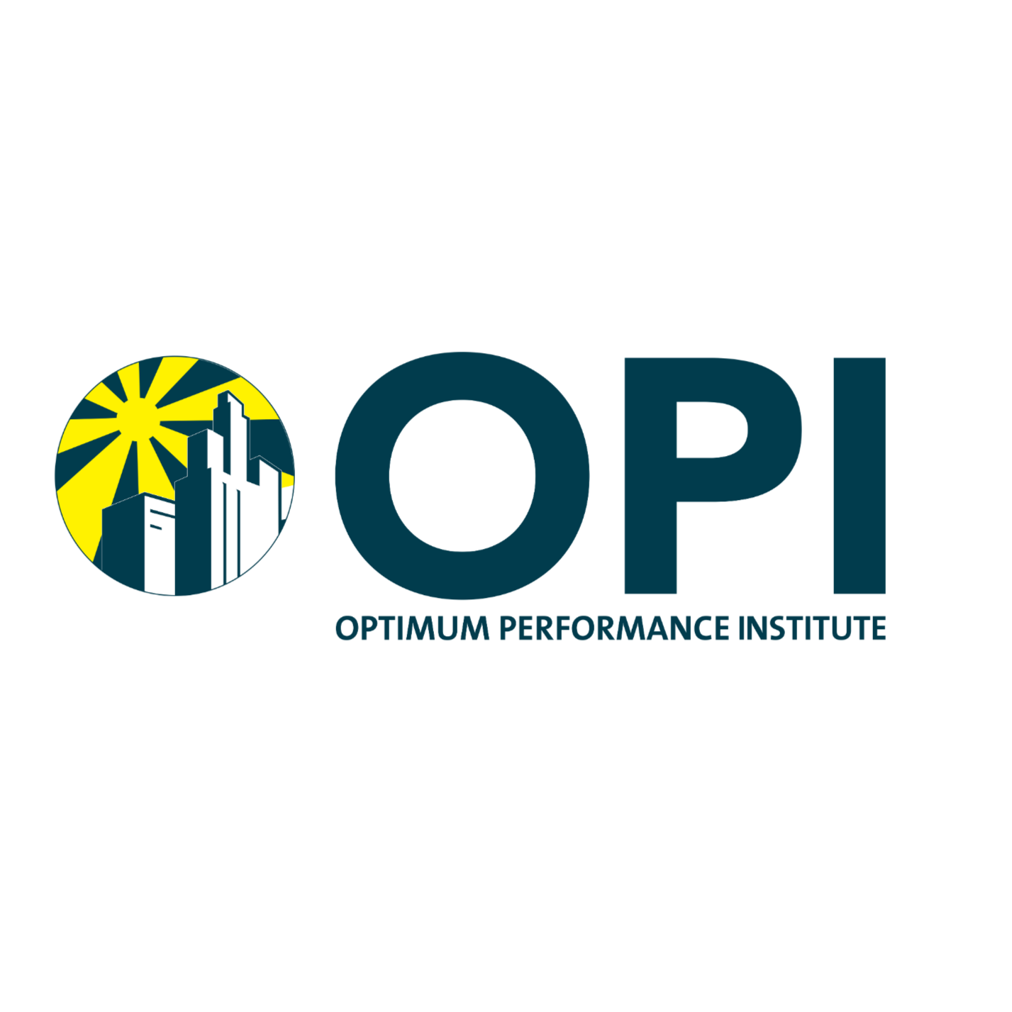 Logo of Optimum Performance Institute (OPI) featuring a stylized city skyline with sun rays in yellow and black, and the text 'OPI' with the full name underneath.