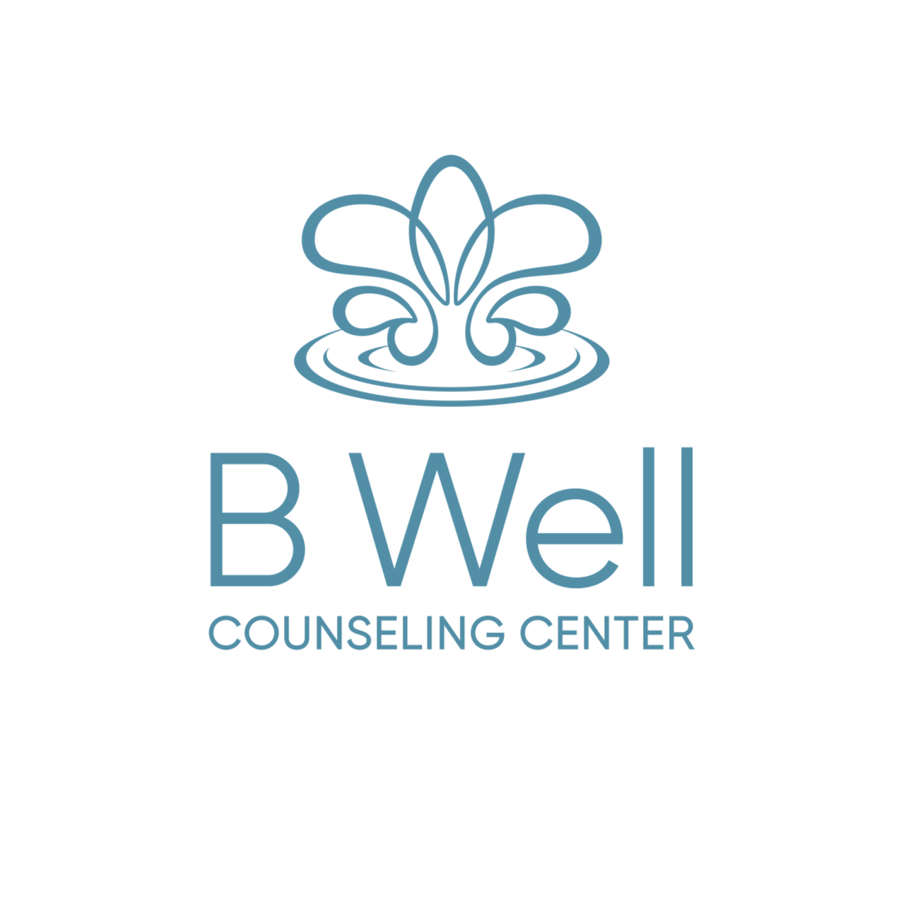 Logo for B Well Counseling Center with a stylized fountain or water design above the name