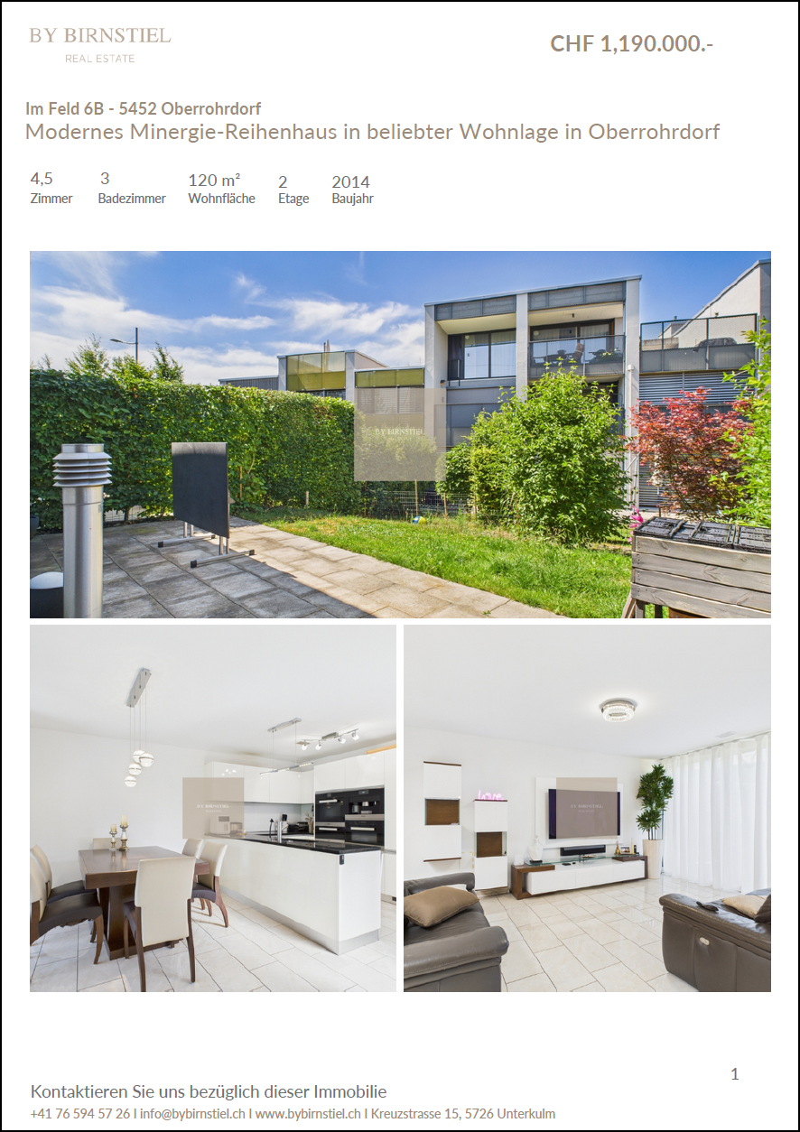 Beispiel einer professionellen Exposé-Titelseite für ein modernes Minergie-Reihenhaus in Oberrohrdorf – Immobilienmarketing by Birnstiel.