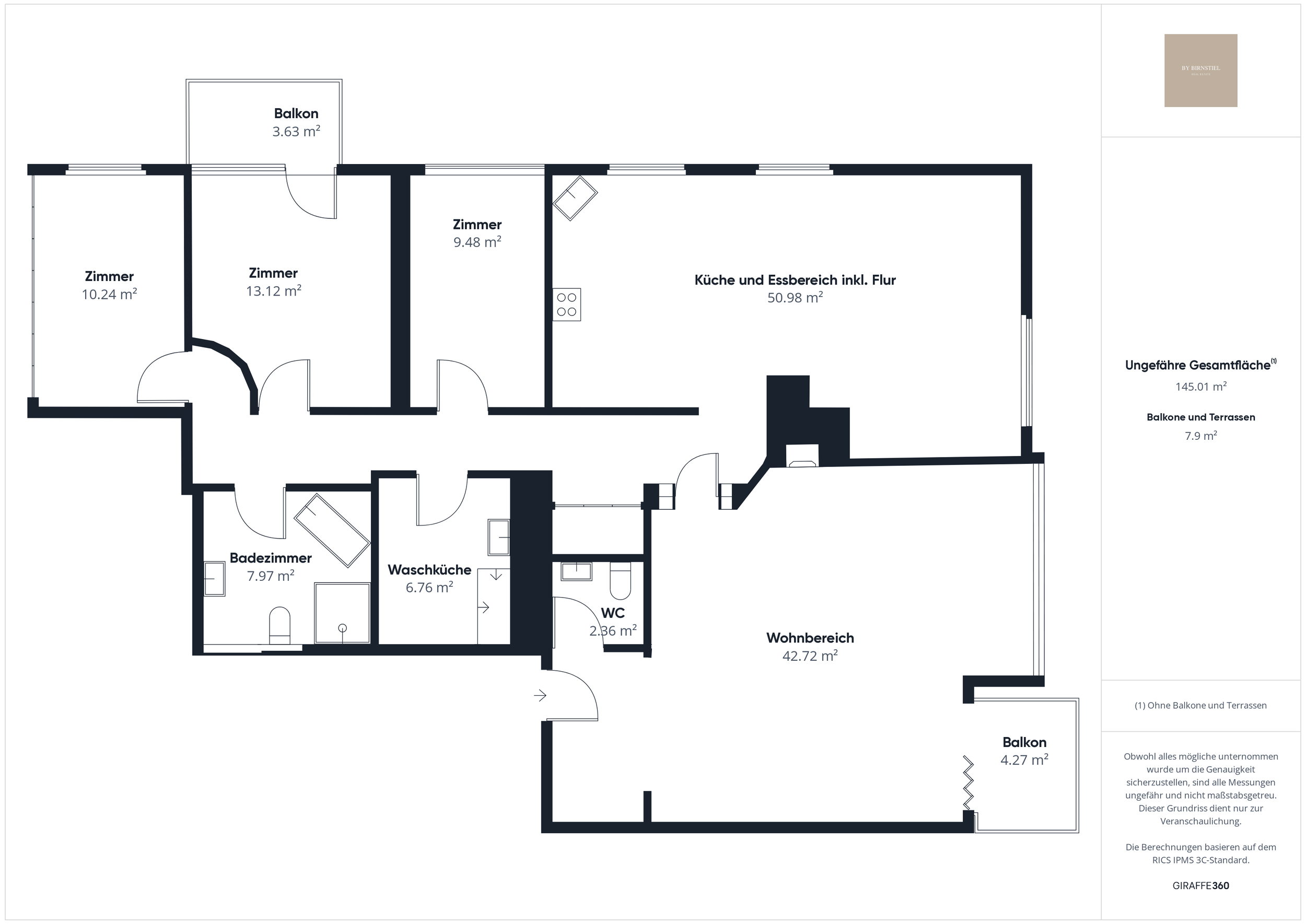 Detaillierter Grundriss der 4.5-Zimmer-Attikawohnung mit 145 m² Wohnfläche und zwei Balkonen.