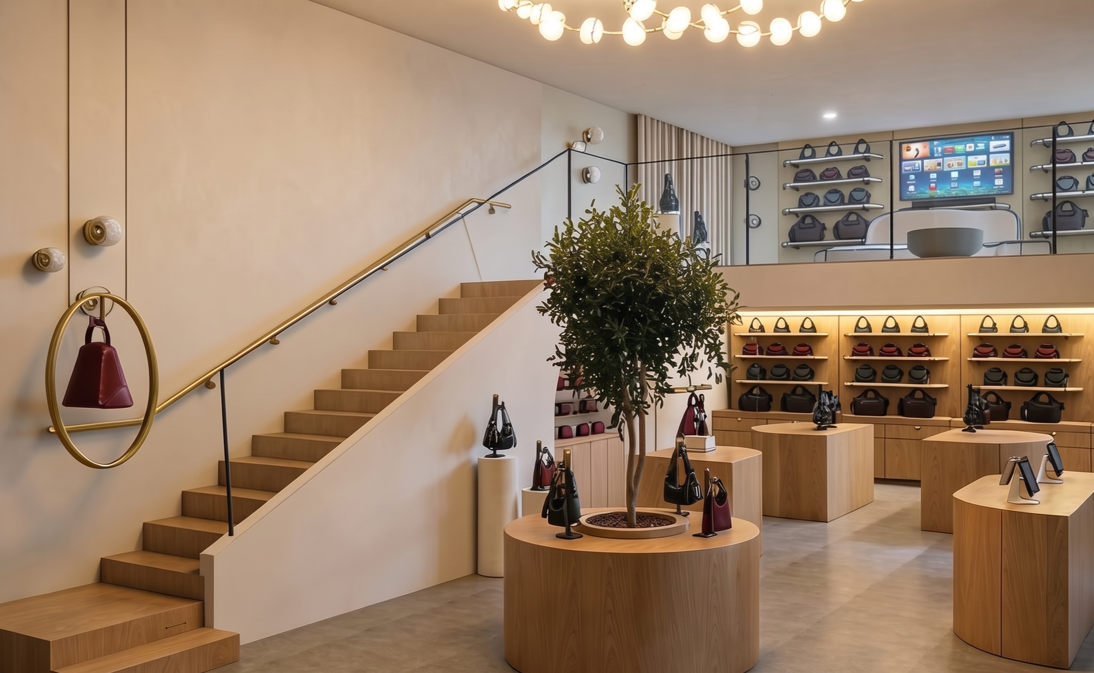 Inside a modern retail store displaying handbags on wooden shelves and tables, with a staircase, potted plant, and a digital screen on the wall.