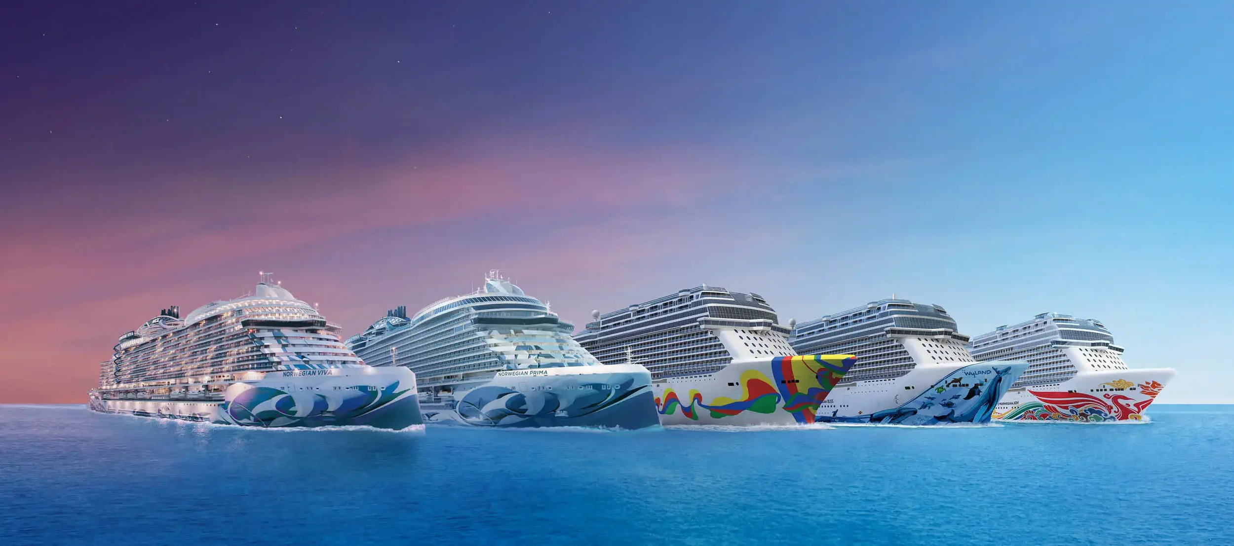 A lineup of five large Norwegian Cruise line ships with colorful artistic designs on their hulls sailing on calm blue water at sunset or sunrise.