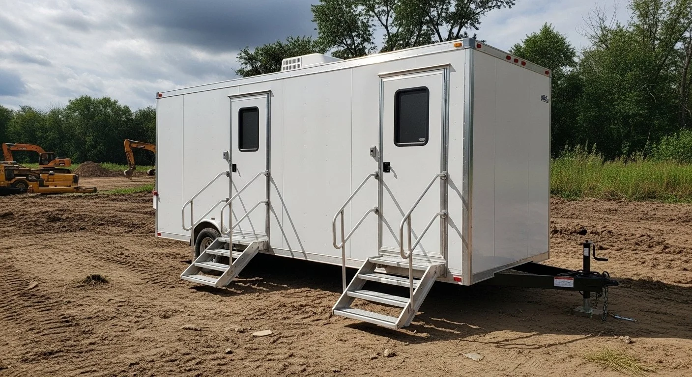 A white mobile restroom trailer with two front doors, each with small windows, and two sets of metal stairs with handrails leading up to the doors, situated on a dirt lot with construction equipment and trees in the background.