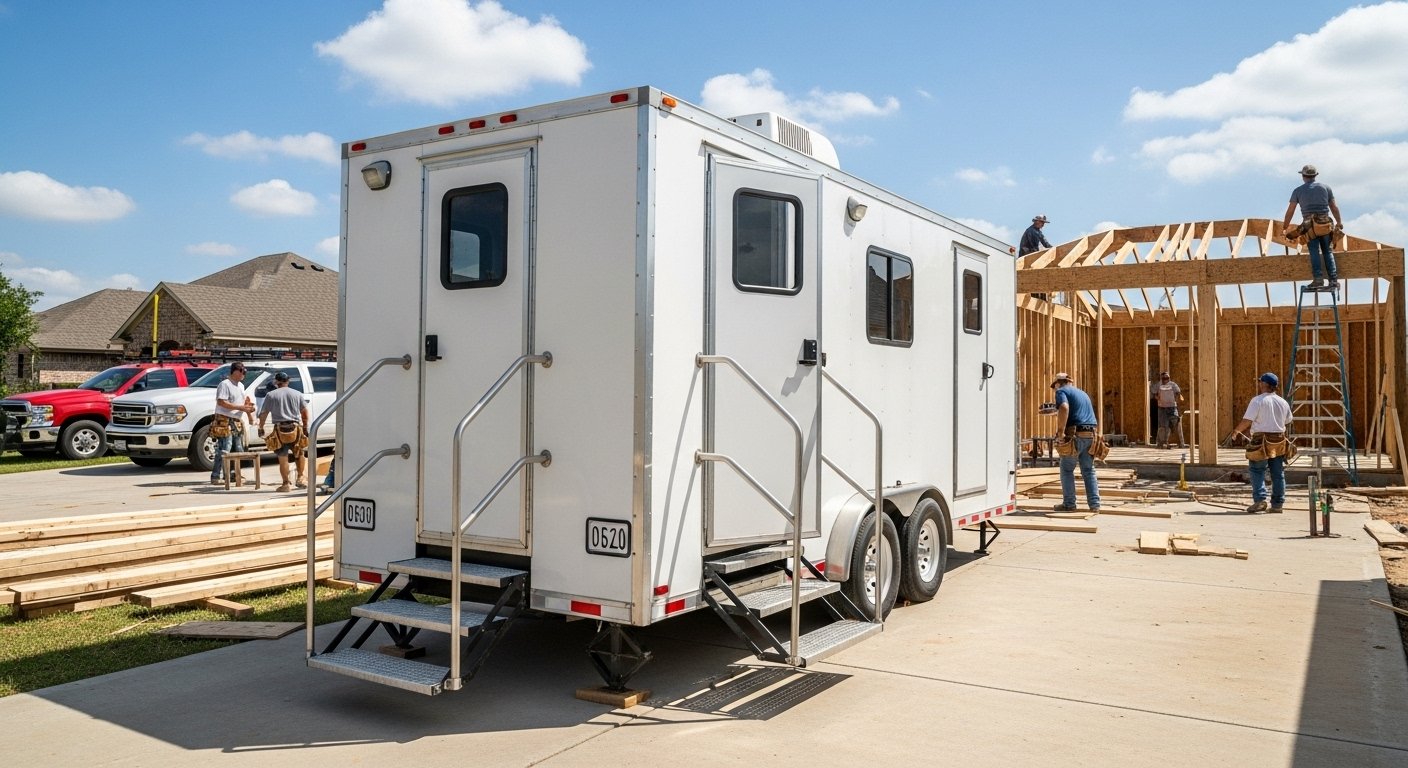 Construction site with workers building a house, a white mobile restroom trailer in the foreground, and parked cars in the background.