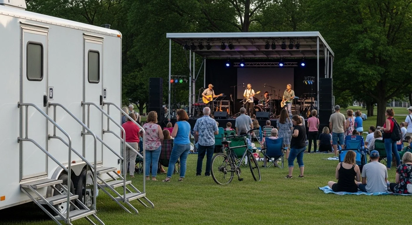 An outdoor concert with a band playing on a stage in a park during the evening, with an audience of various ages watching and sitting on blankets and chairs. A two door white restroom trailer with handrails and stairsis on the left in the foreground.