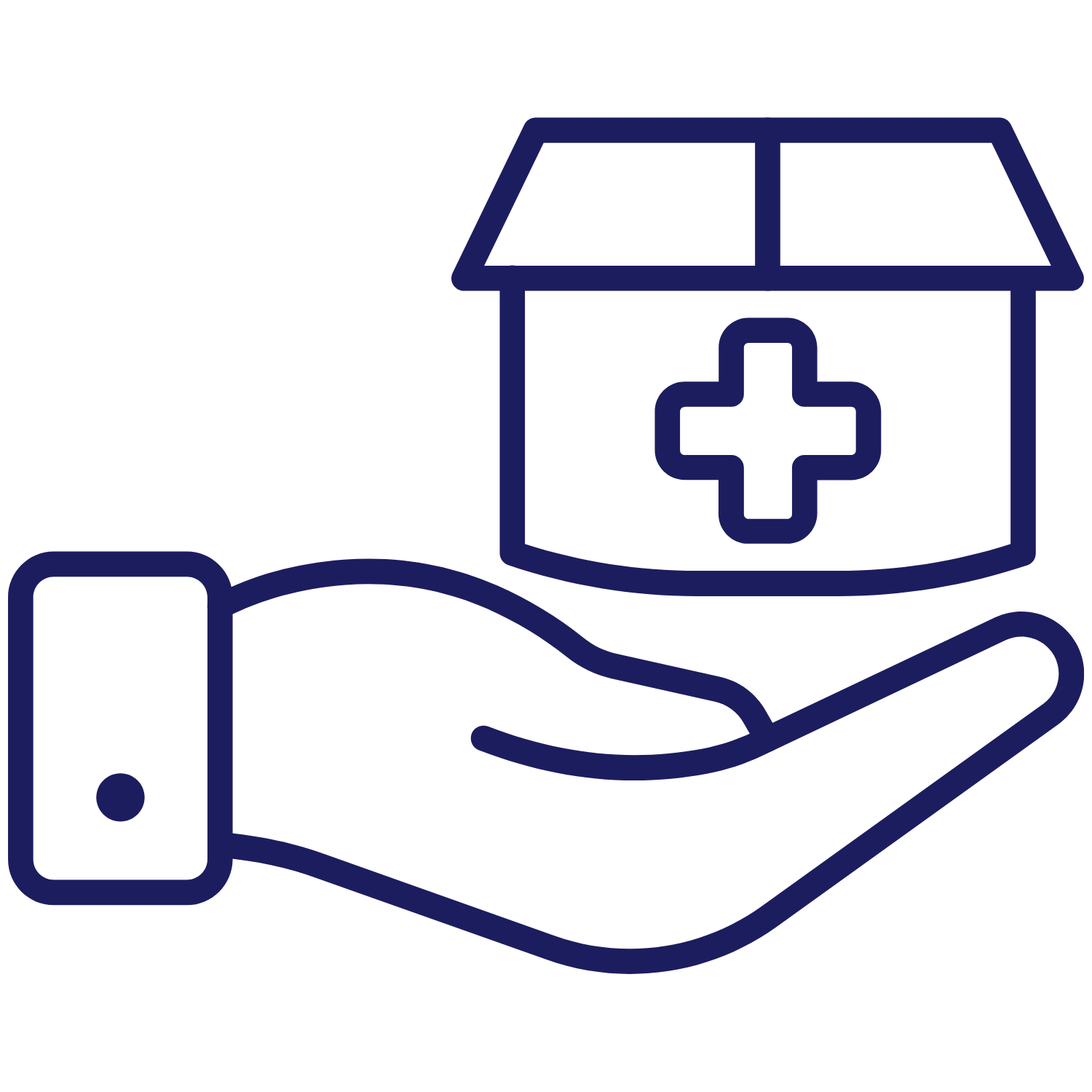 Line drawing of a hand holding a medical kit with a cross symbol, representing healthcare or medical assistance.