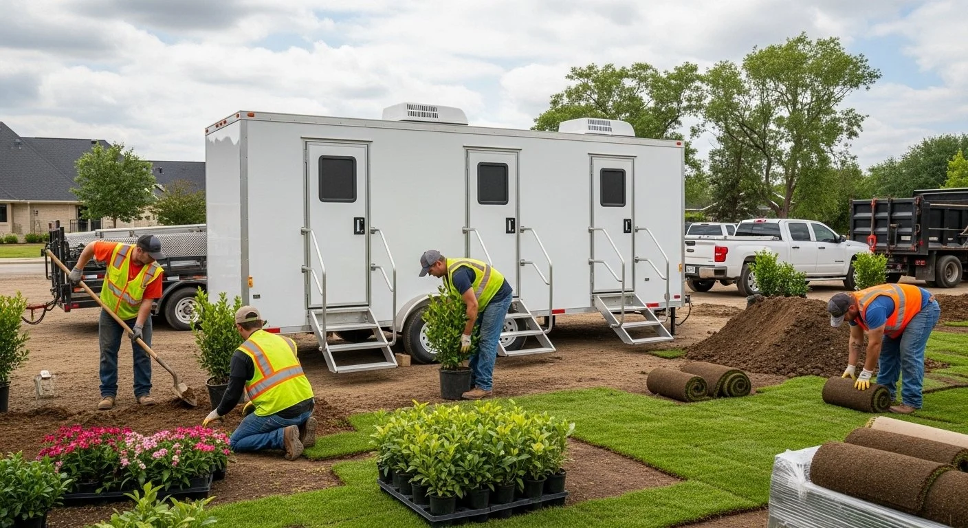 Workers laying down sod and planting flowers at a landscape site near a large white restroom trailer, with trucks and trees in the background.