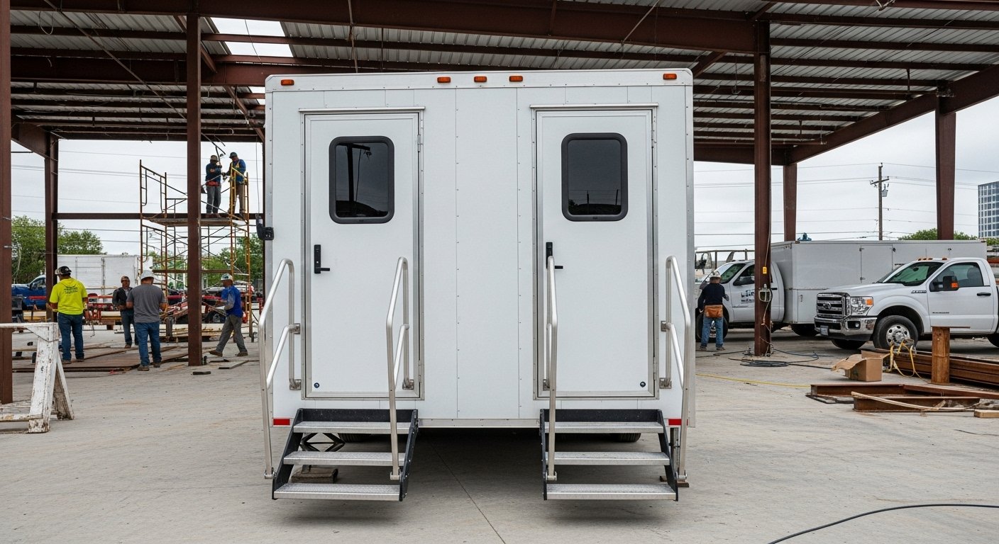 White mobile restroom trailer with two metal stairs and black-tinted windows, situated in a construction site with workers, trucks, and building materials in the background.