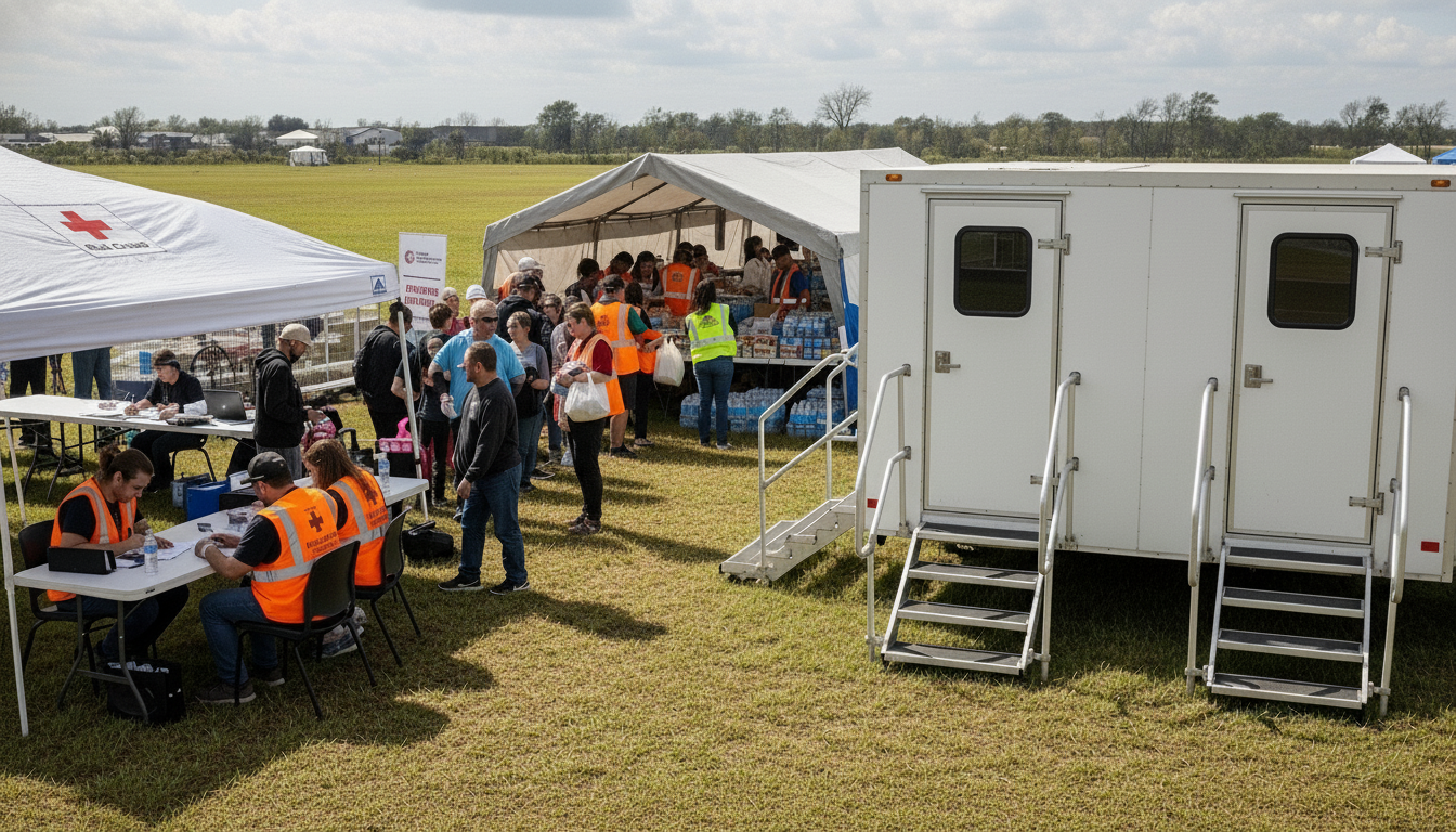 People wait in line at a mobile medical clinic with tents and volunteers providing assistance during a health outreach event on a grassy field. On the right is a white mobile restroom trailer with two doors, stairs, and handrails.
