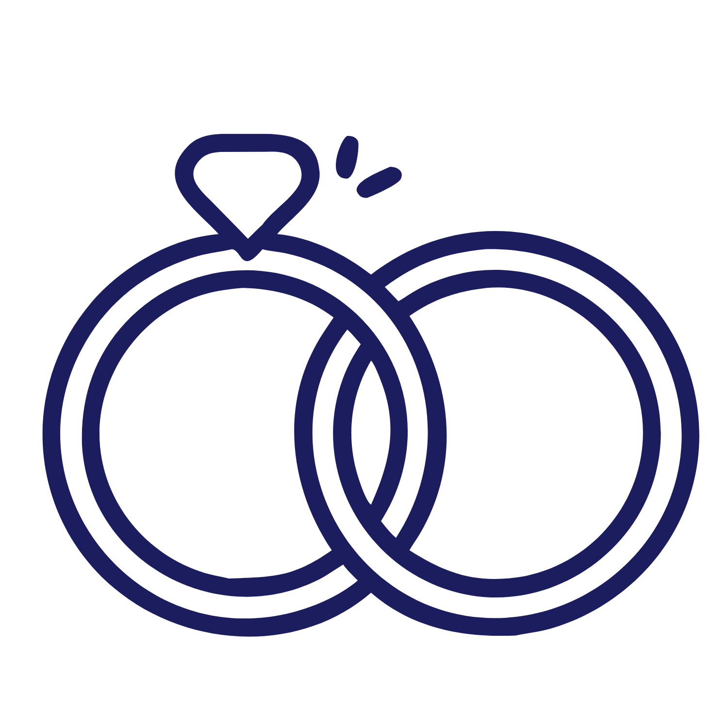 Outline drawing of two overlapping engagement rings, one with a diamond on top.