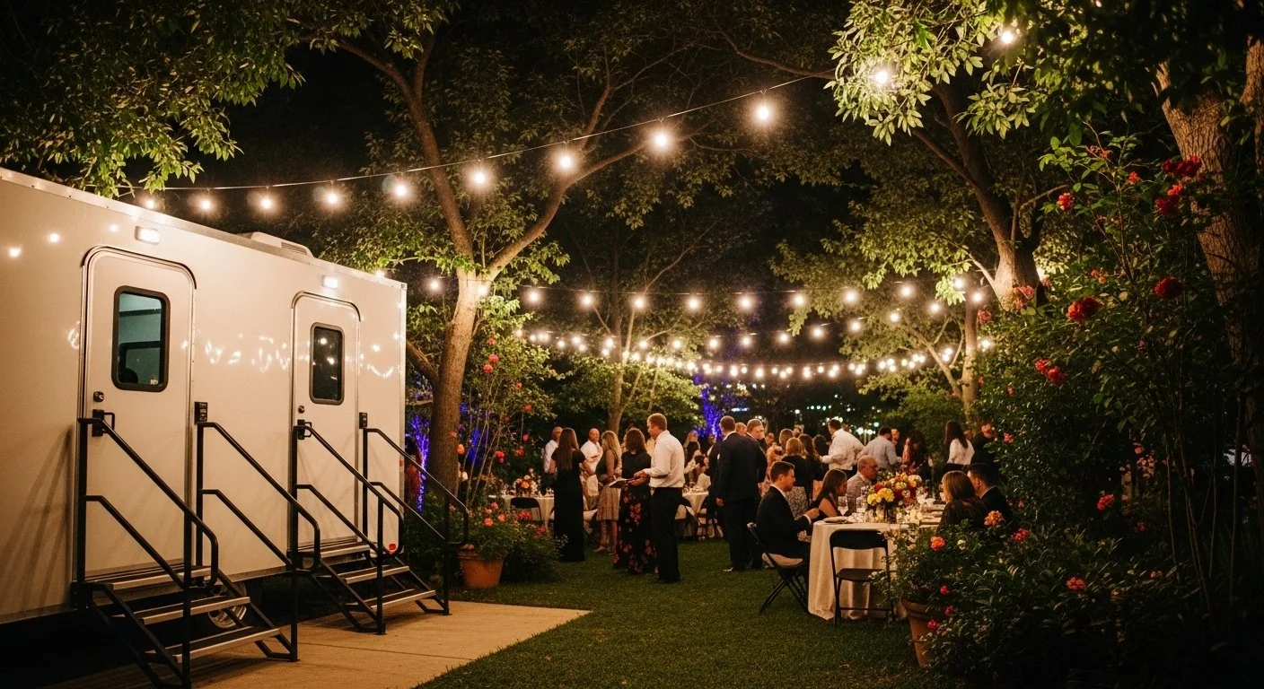 Outdoor evening scene with string lights hanging from trees, people gathered at tables, some standing and chatting, a large white restroom trailer is visible on the left, and the surrounding area is decorated with plants and flowers.