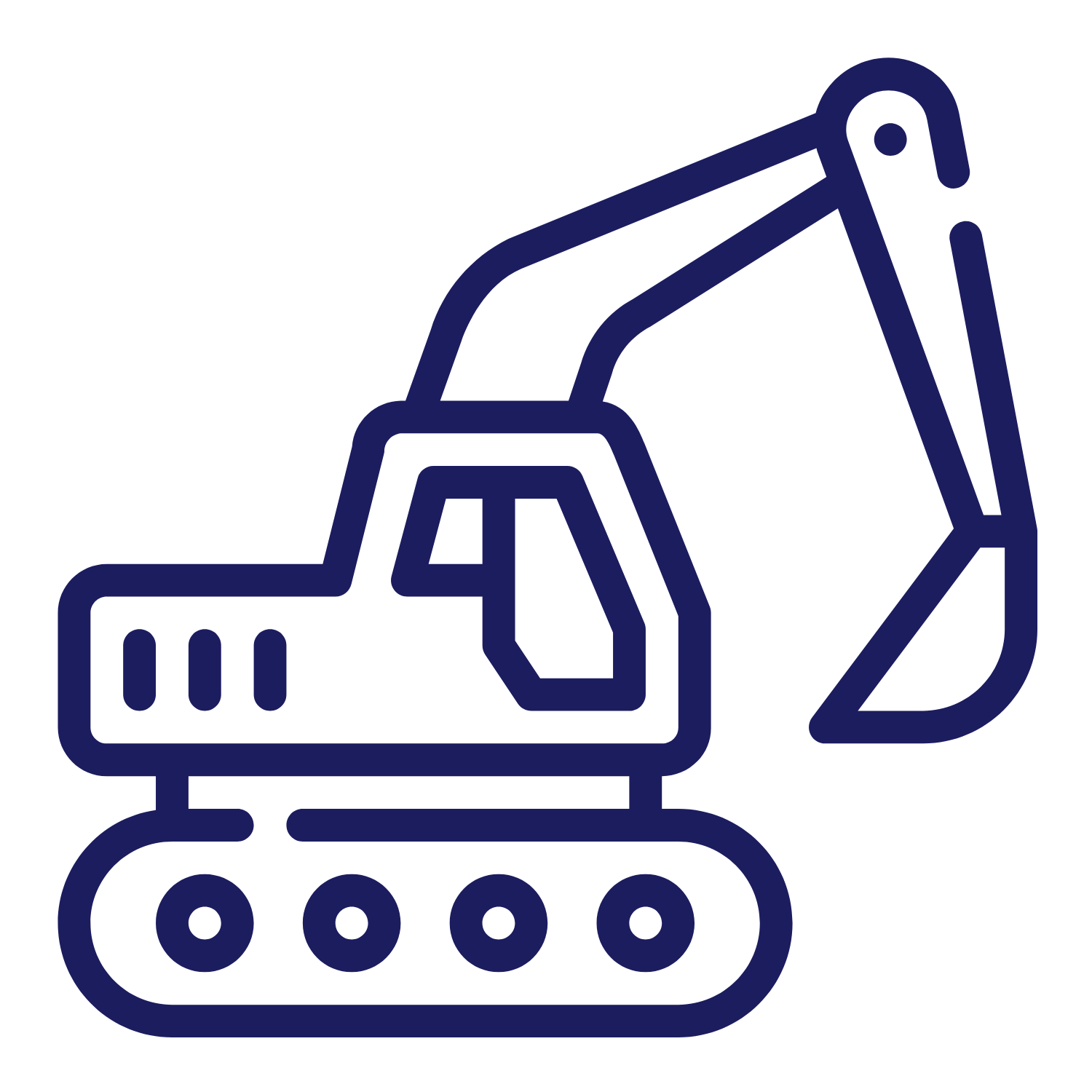 Outline of an excavator with a long arm and tracked wheels.