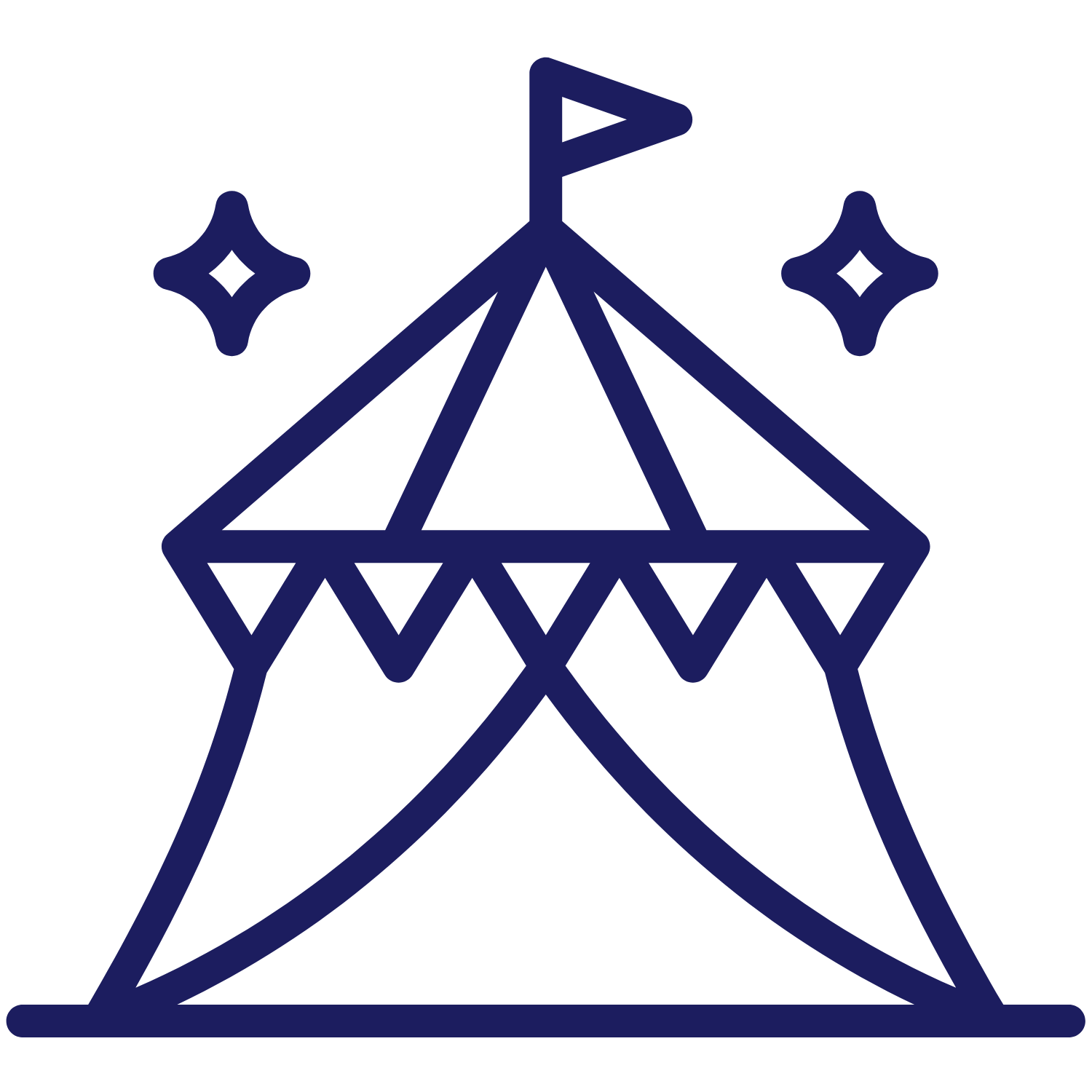 Blue line drawing of a circus tent with a small flag on top, surrounded by two star-shaped sparkles.