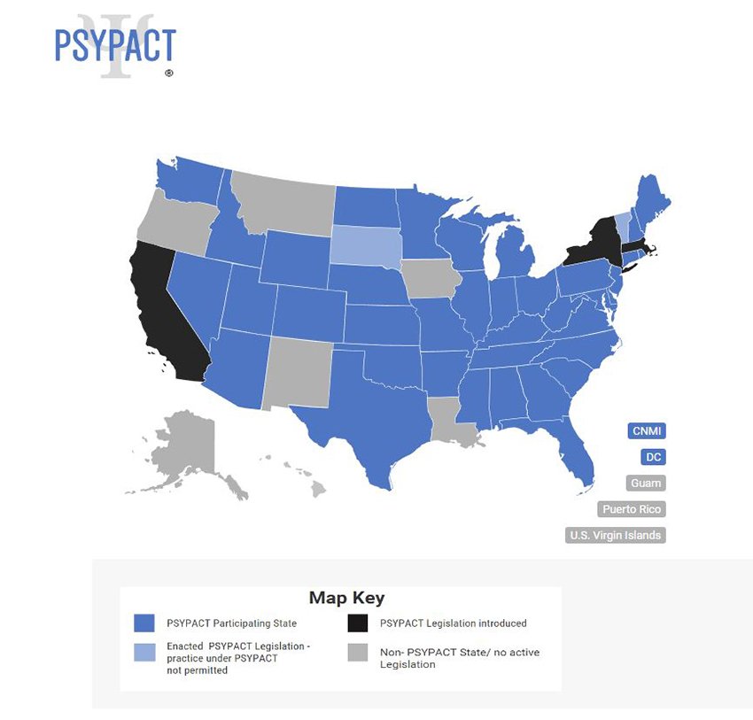Map of the United States showing states involved in the PSYPACT agreement, with different colors indicating PSYPACT participating states, enacted legislation, and non-enacting states. States in blue are participating, states in dark grey have enacted legislation, and states in light grey are non-participating. Additional regions are shown in black and grey for territories and areas outside the US.
