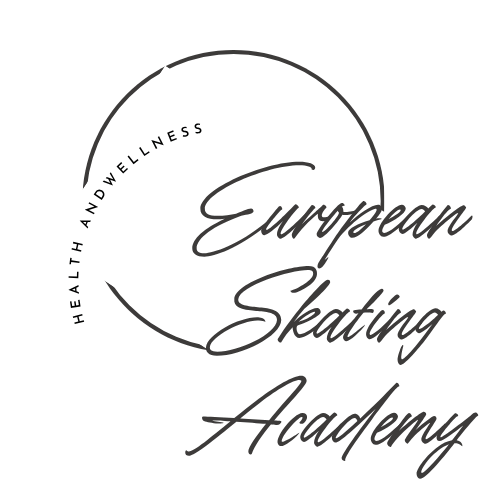 Logo, jossa lukee 'European Skating Academy' ja ympärillä teksti 'Healthy & Mindfulness'