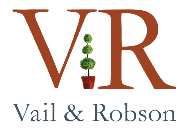 logo with rust colored initials V and R, green topiary in pot ilustration