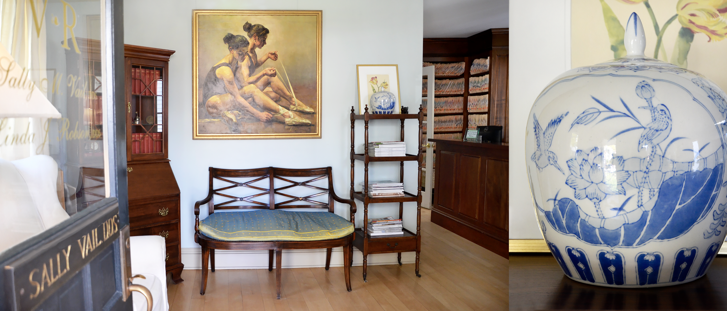 waiting room image painting of ballet dancers in gold frame, wood floors, antique furniture and white and blue ginger jar