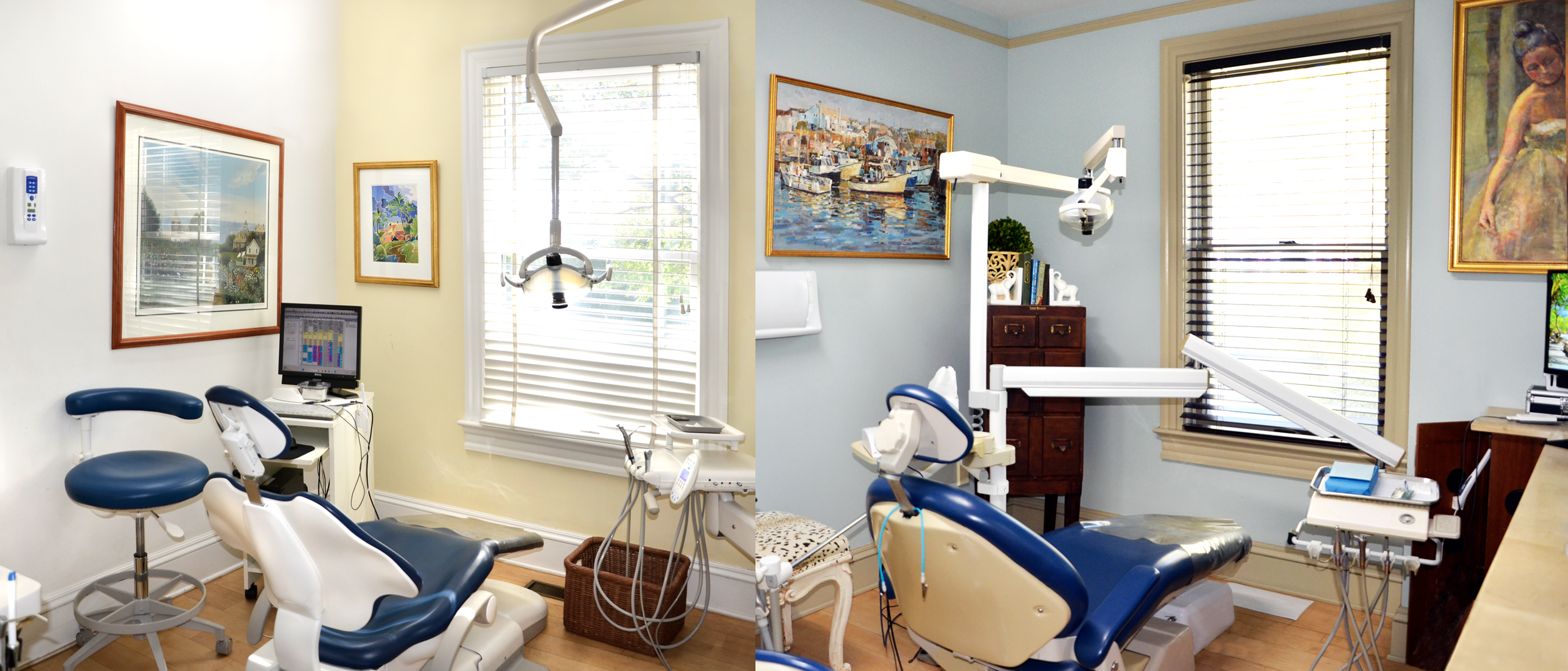 two operatories, one cream walls, one light blue walls with dental chairs and artwork on the walls, bright and airy, comfortable