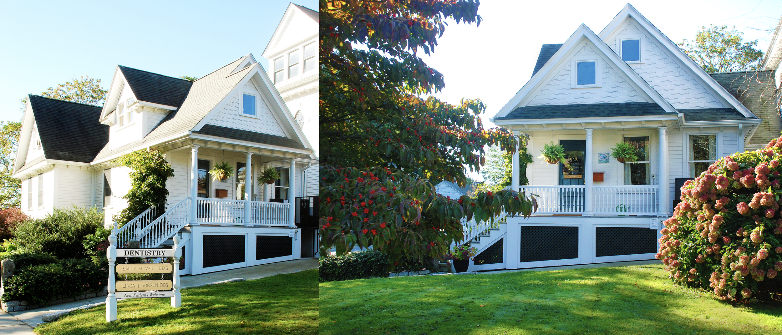 two images of the exterior and lawn of Vail and Robson dental practice. white victorian building with stone walkways, trees, lawn and wood practice sign on lawn