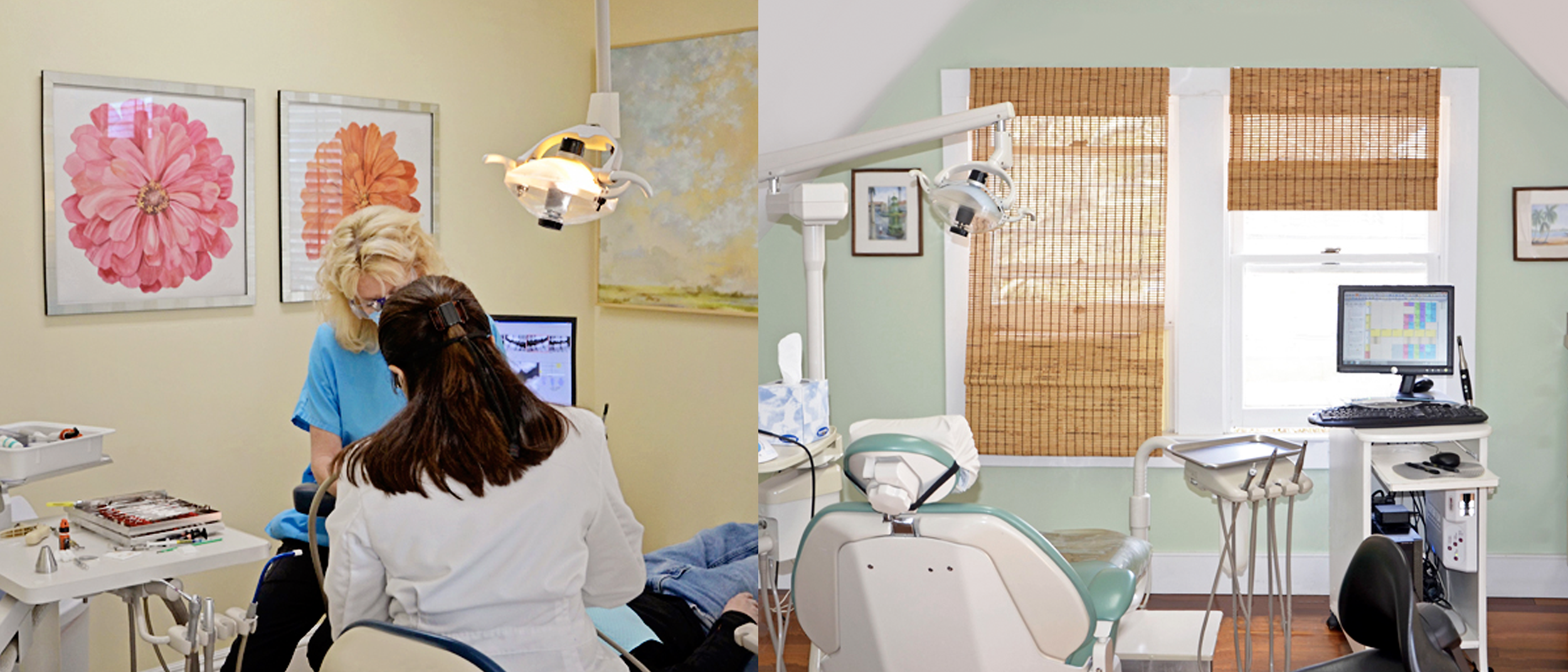 2 photos of operatories, bright and airy, soft yellow room with flower paintings in pink and orange, pale mint green room with match stick blinds and dental chair
