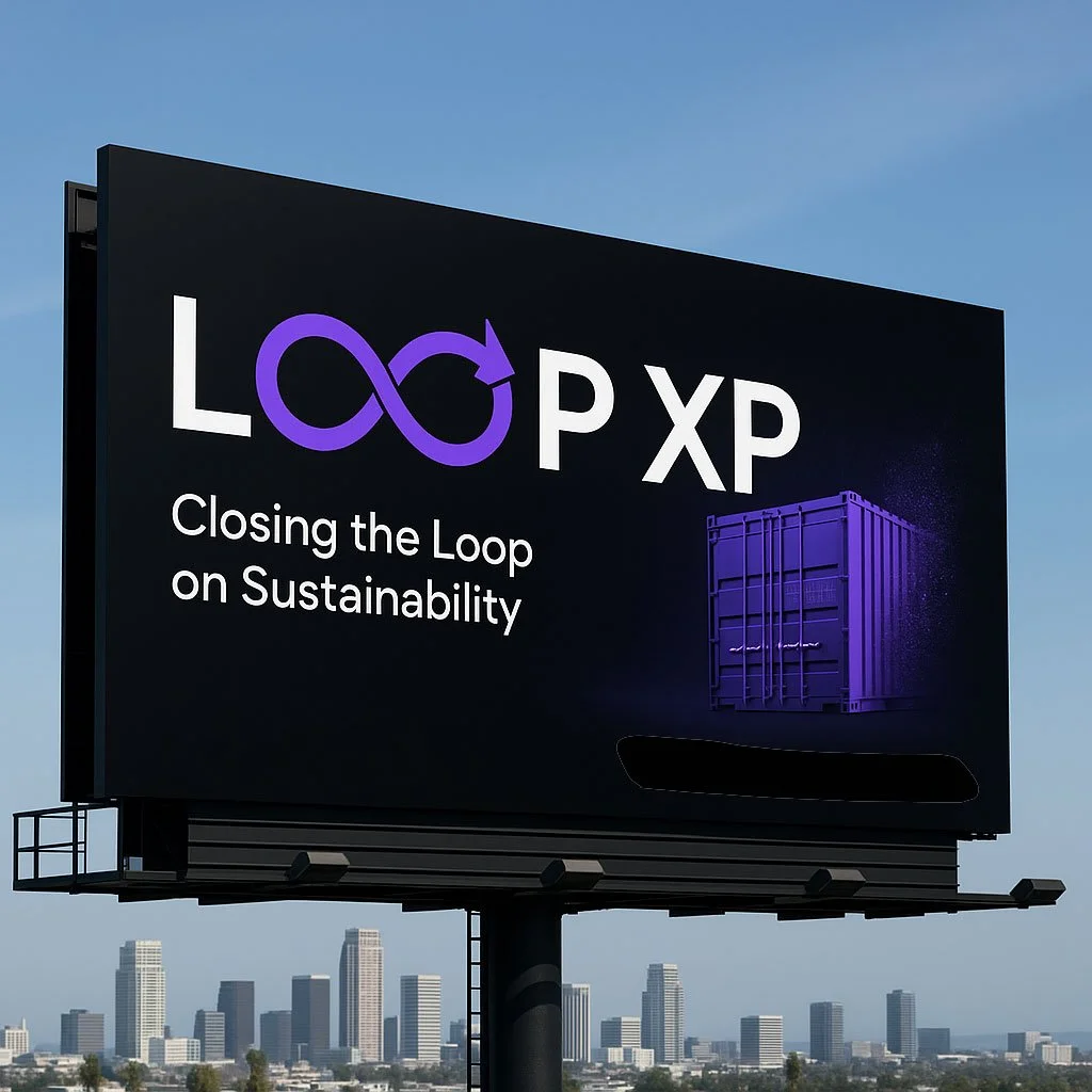 Billboard with the logo "LOOP" and the text "Closing the Loop on Sustainability," showing an image of a green shipping container, against a city skyline background.