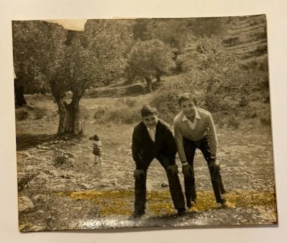 Two boys crouching outdoors in a park with trees and a scenic landscape, while a small child plays in the background.