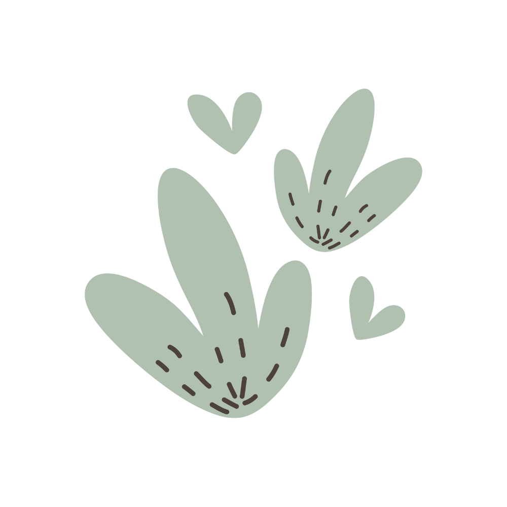 Illustration of three stylized green succulent plants with small hearts in the background.