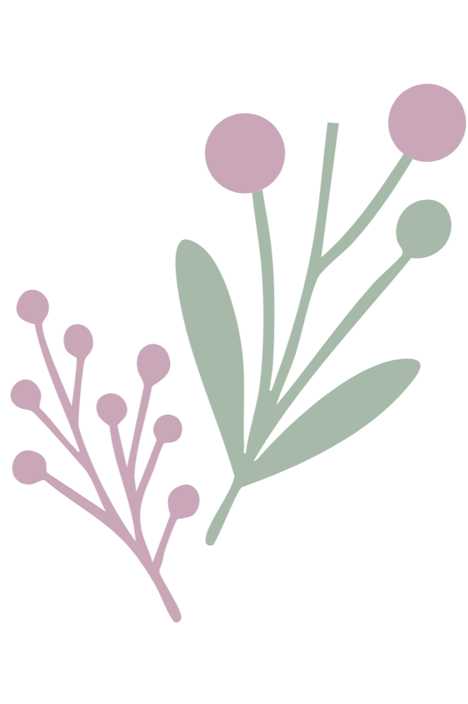 Illustration of a botanical design with purple and green leaves and round buds on stems.