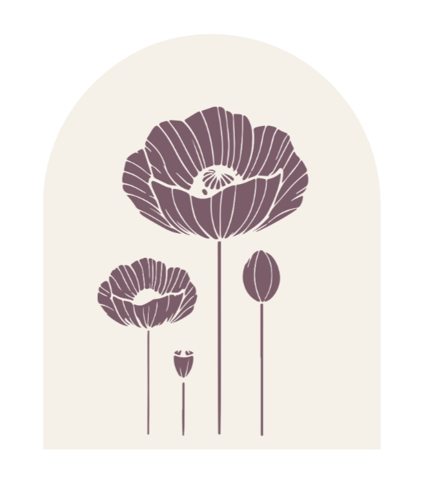 Stylized illustration of four poppy flowers of varying sizes and stages of bloom in dark purple on a light background.