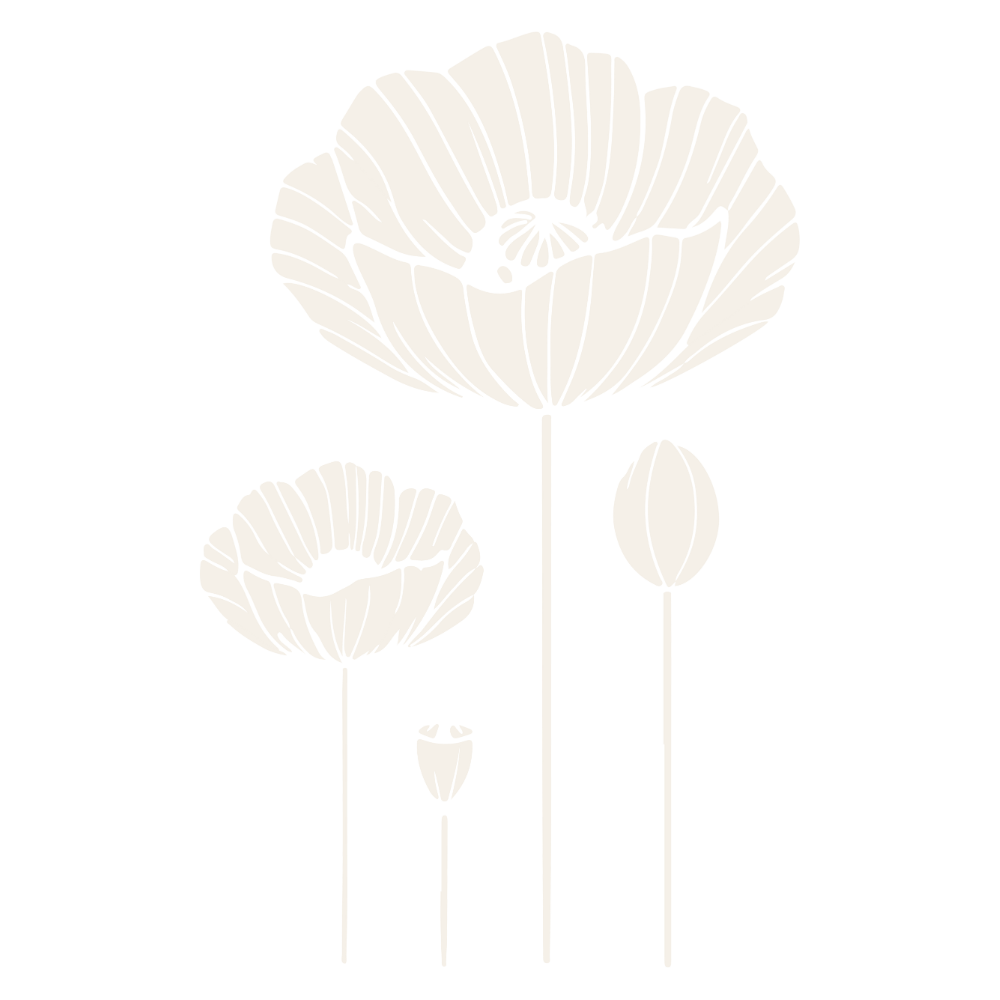 Black and white illustration of four poppy flowers at different stages of bloom, with tall stems, on a black background.