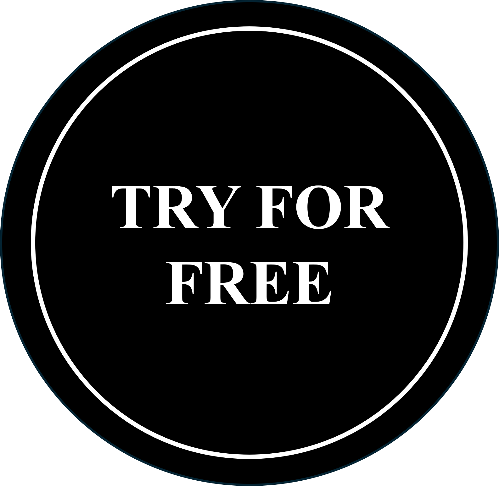 Black circular background with white text saying 'TRY FOR FREE' in the center.