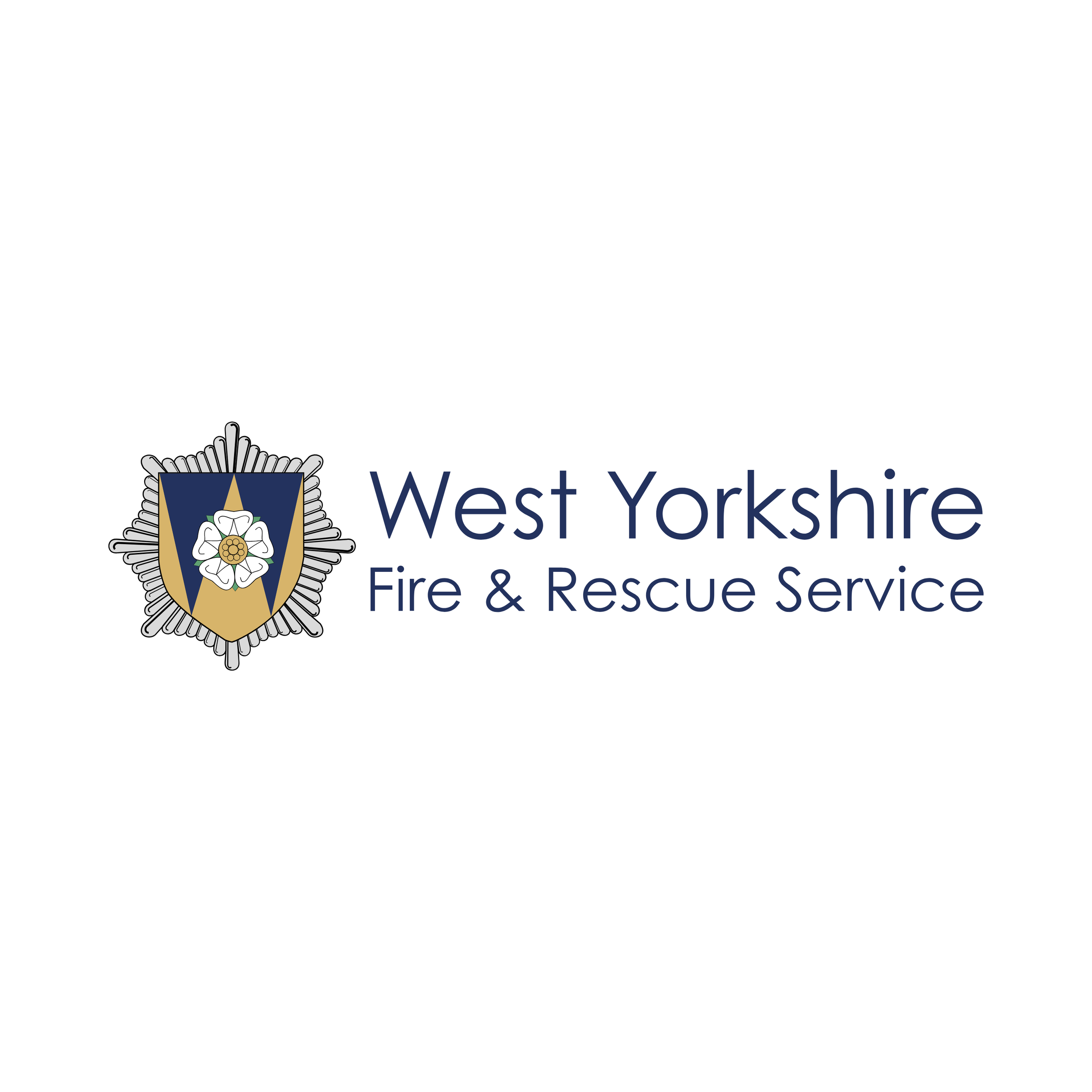 West Yorkshire Fire and Rescue Service badge with a white rose and a gold star on a shield, surrounded by a silver star-shaped border, with the text 'West Yorkshire Fire & Rescue Service' below.