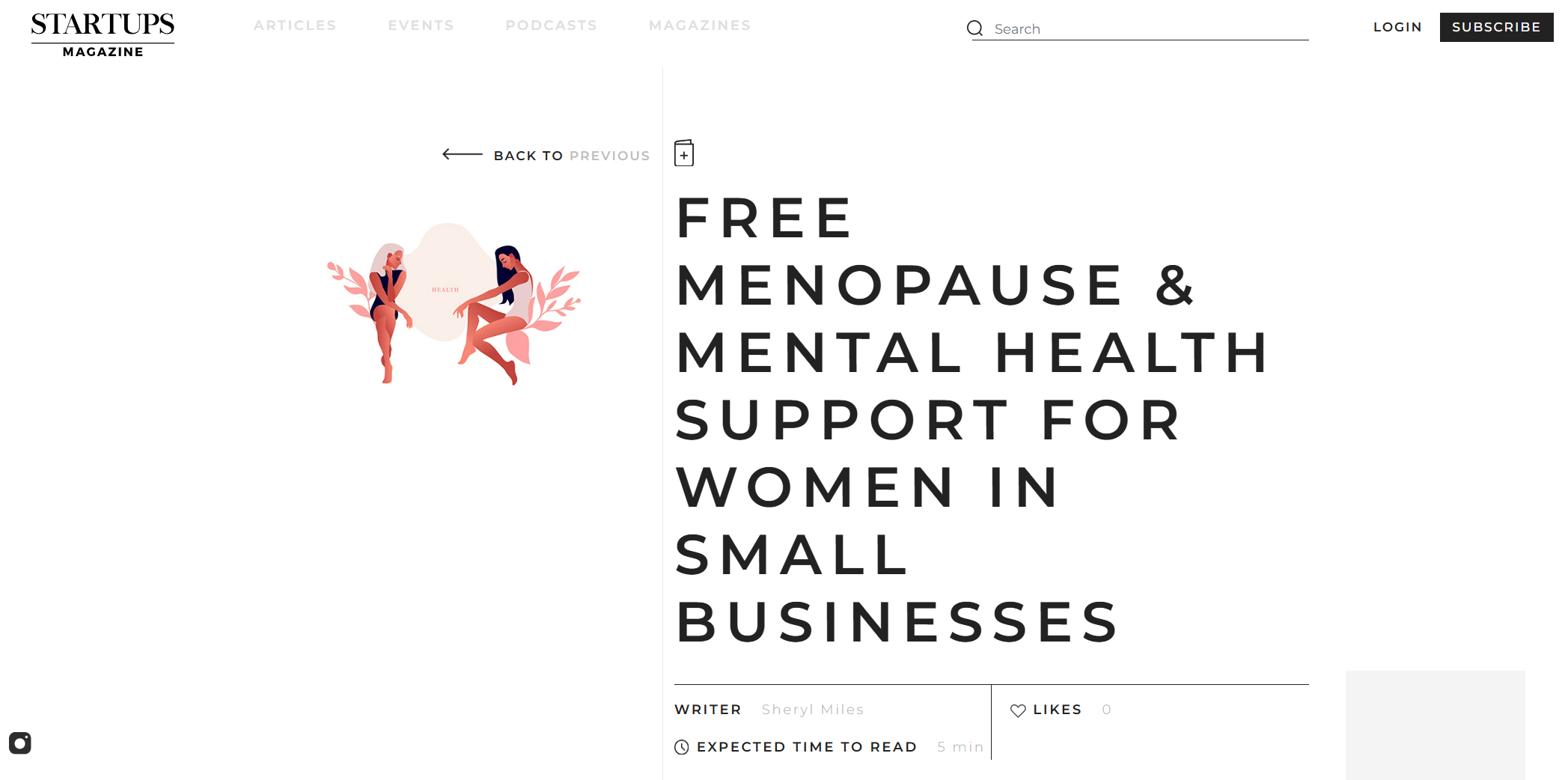 An article titled 'Free Menopause & Mental Health Support for Women in Small Businesses' on a startup magazine website. The page features an illustration of two women, one with blonde hair and the other with dark hair, sitting on pink leaves with a light peach background, with the word 'Health' between them.