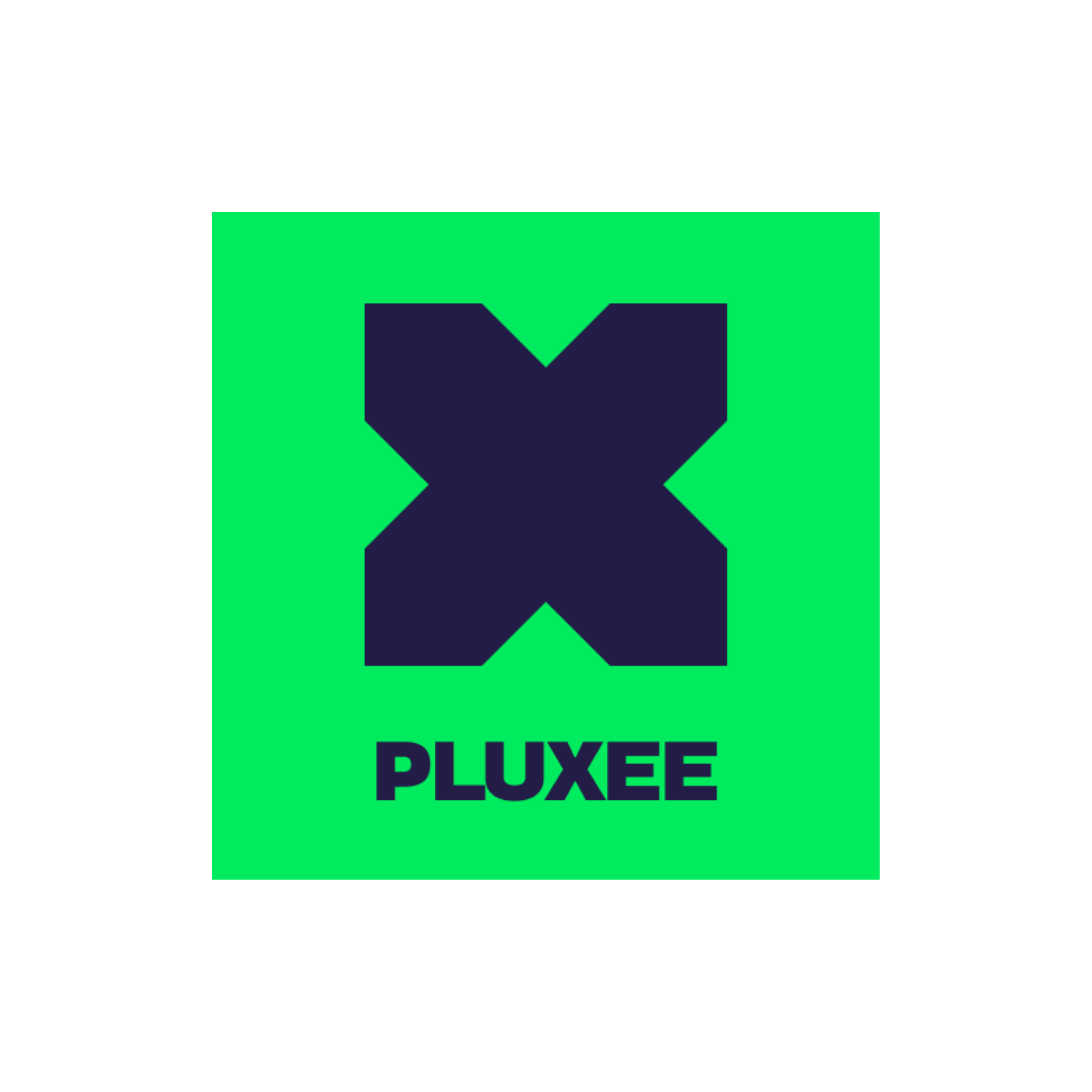 The image features a bright green background with a navy blue shield-like shape in the center. Below the shape, the word "PLUXE" is written in navy blue capital letters.