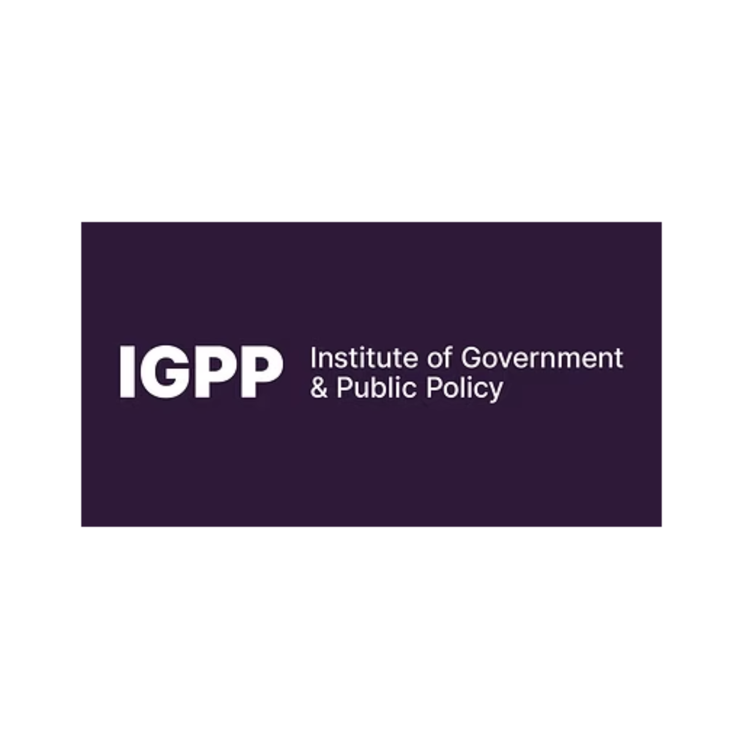 Close-up of a website or poster with the logo and name of the Institute of Government, Public Policy, and Public Affairs, with dark purple background and white text.