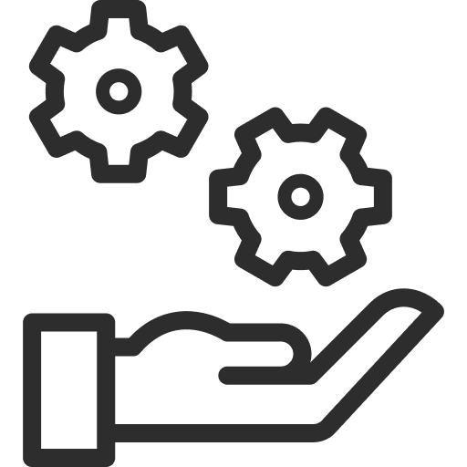 An icon of a hand holding two gears, symbolizing settings or technical support.