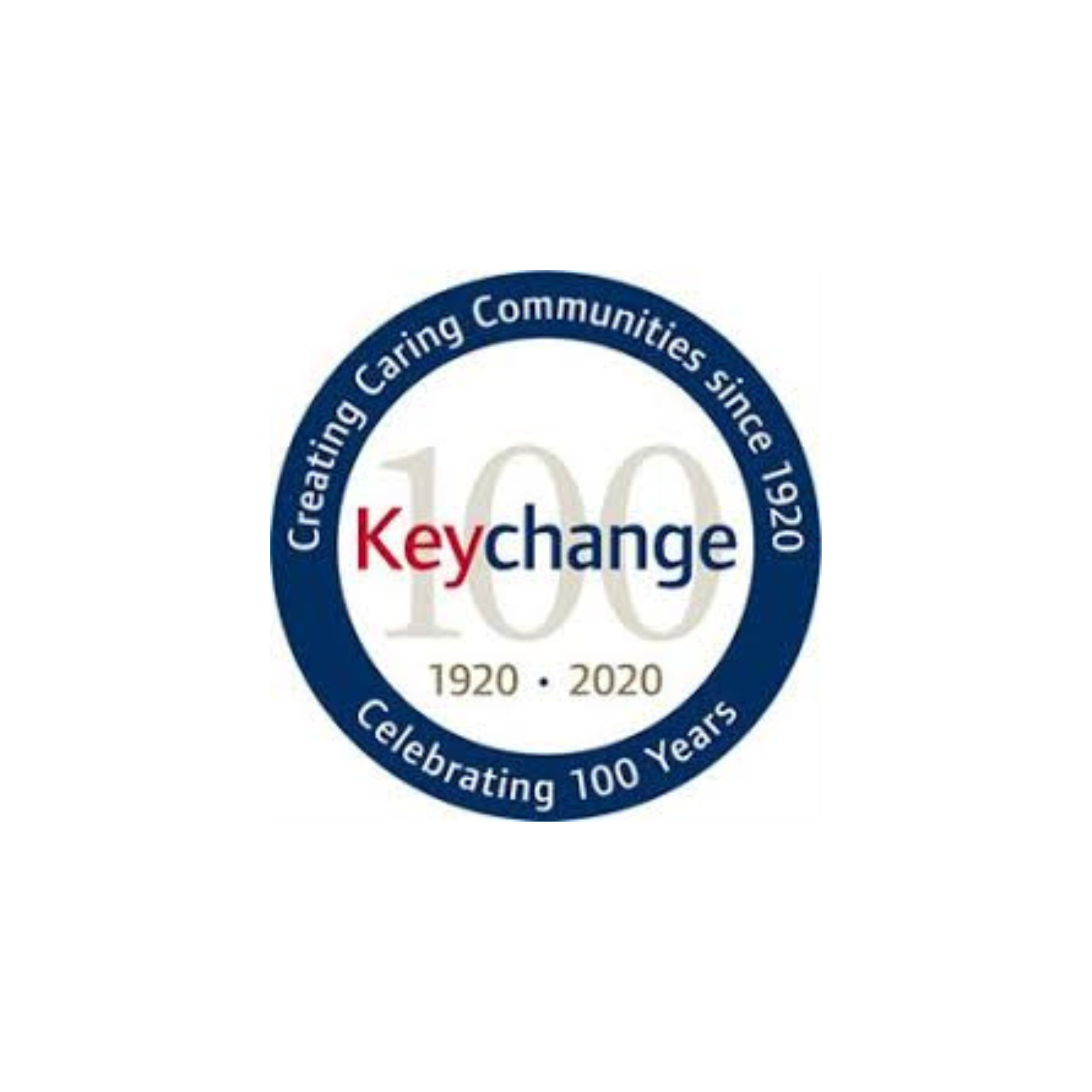 Close-up of a circular badge commemorating the 100th anniversary of key change or key exchange, with the years 1920 and 2020 and the words celebrating 100 years.