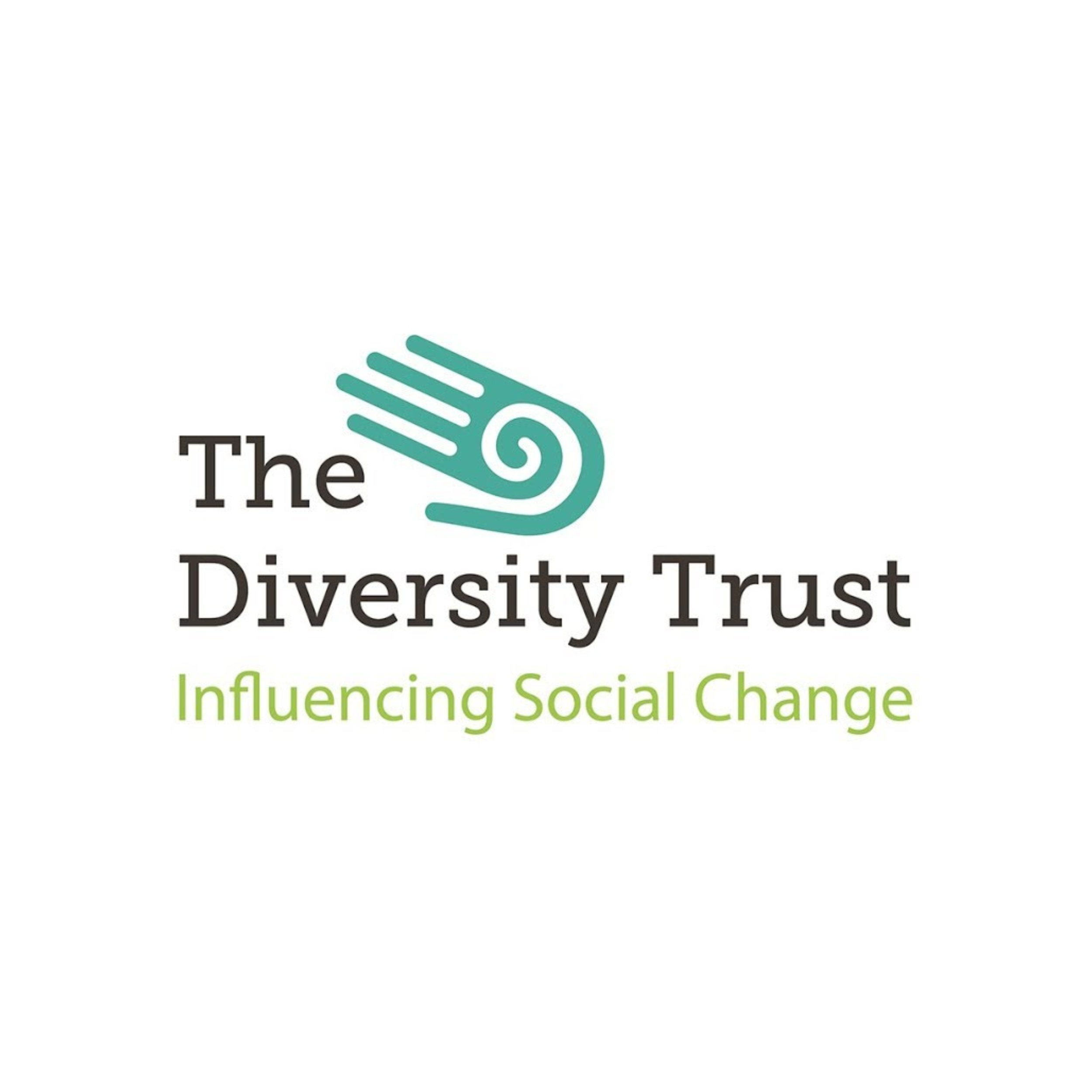 The logo of The Diversity Trust featuring a stylized teal swirl and hand design with the text 'The Diversity Trust' and the tagline 'Influencing Social Change'