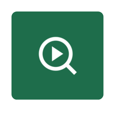 Green square icon with a white magnifying glass and play button inside.