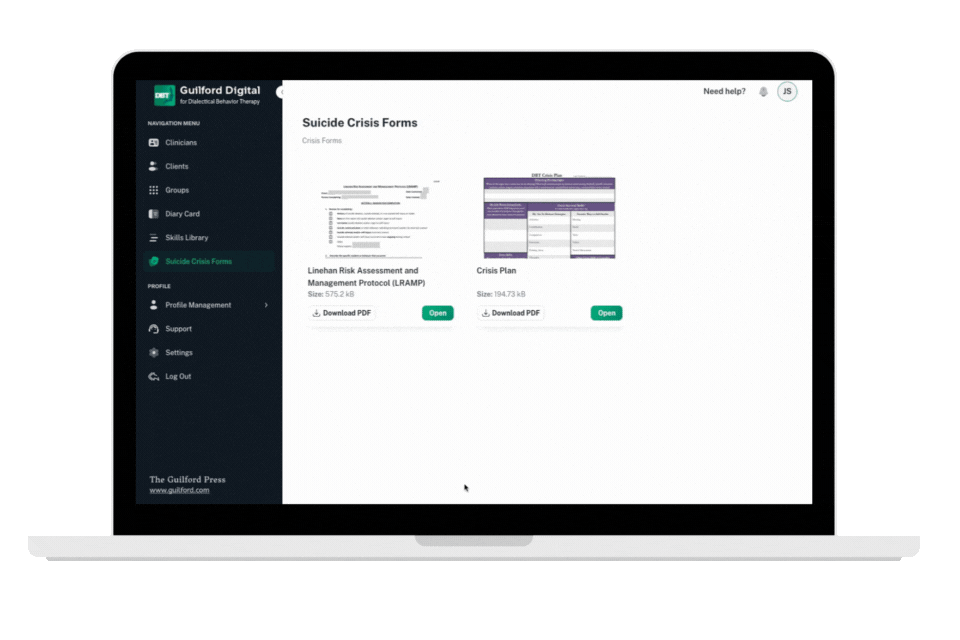 Laptop screen displaying a digital platform with a sidebar menu and a main section featuring 'Suicide Crisis Forms' documents, including a risk assessment and a crisis plan, with download options.