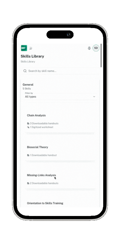 Smartphone displaying a Skills Library app with categories like Chain Analysis, Biosocial Theory, and Missing-Links Analysis.