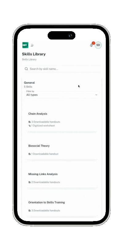 Smartphone displaying a Skills Library app with categories such as Chain Analysis, Biosocial Theory, Missing-Links Analysis, and Orientation to Skills Training, each showing downloadable handouts or worksheets.