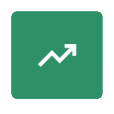 Green square icon with a white upward trending arrow and a zigzag line indicating growth or progress.