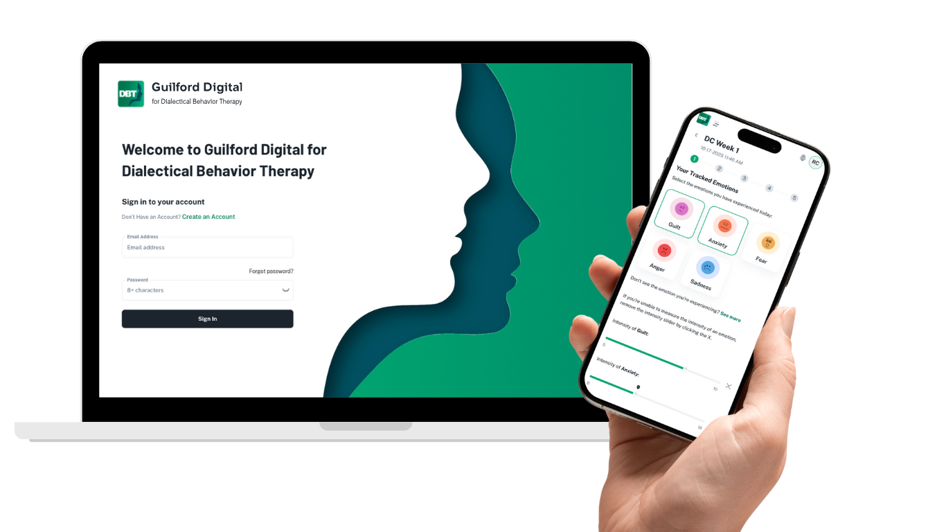 Laptop displaying the Guilford Digital login page for Dialectical Behavior Therapy, with a silhouette of two faces in profile and a smartphone held in a hand showing tracked emotions and mood regulation sliders.