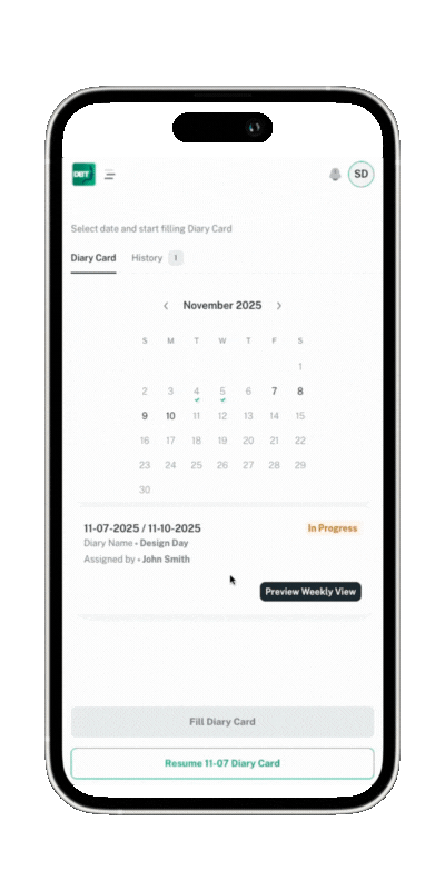 Mobile phone screen displaying a digital calendar app with November 2025, showing progress on a diary task from November 7 to November 10, 2025, with options to preview weekly view and resume entry.