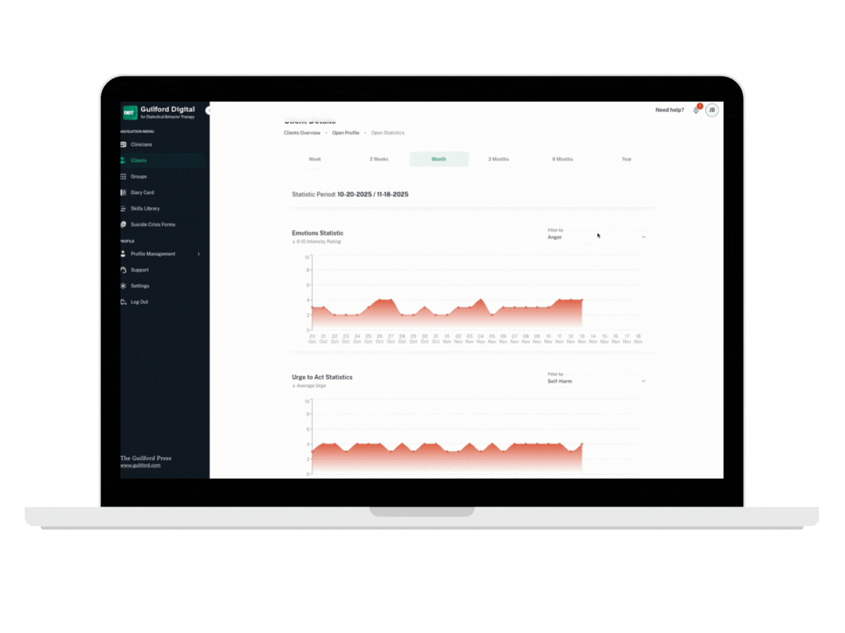 Laptop screen displaying a client management interface for Guilford Digital, showing Sarah Davidson's profile and her diary cards, with options to preview weekly views and open statistics.