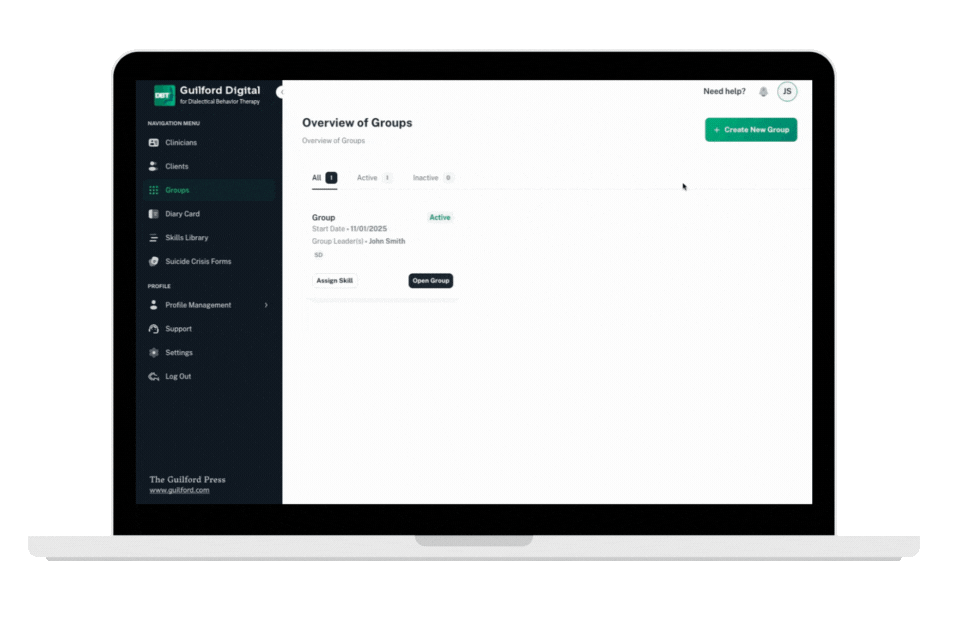 Laptop screen displaying Guilford Digital platform with an overview of groups, showing active groups and options to create or open a group.