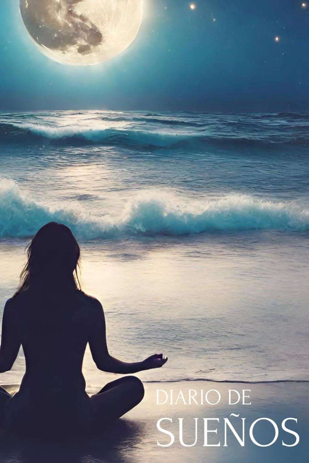 Silhouette of a person meditating on the beach at sunset or dusk, with waves and the moon in the sky.