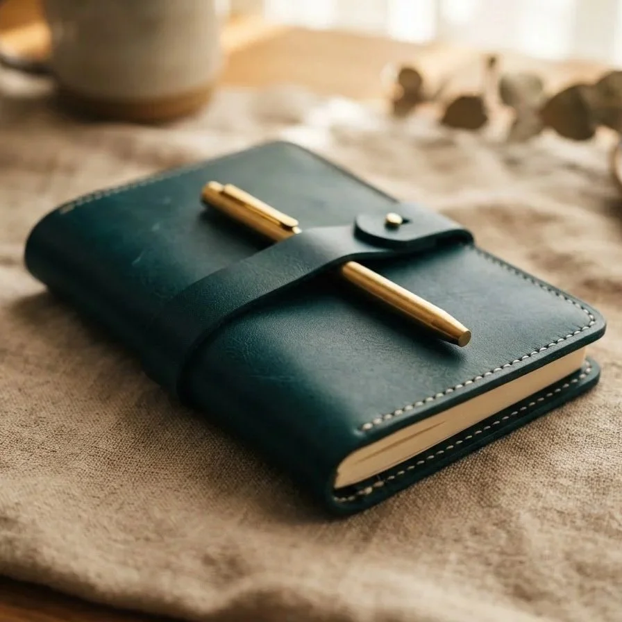 A closed dark green leather journal with a matching strap and gold pen attached, resting on a beige fabric surface.