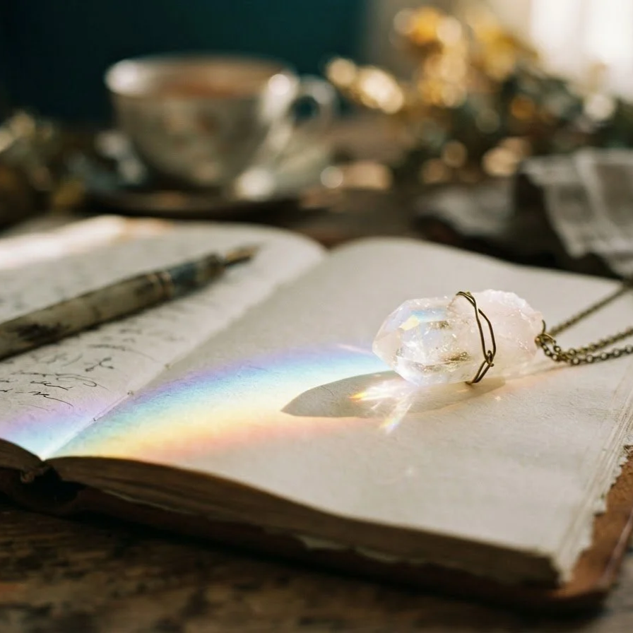 An open notebook with handwritten notes, a pen, a crystal pendant necklace casting a rainbow-colored shadow on the pages, and a cup in the blurred background.